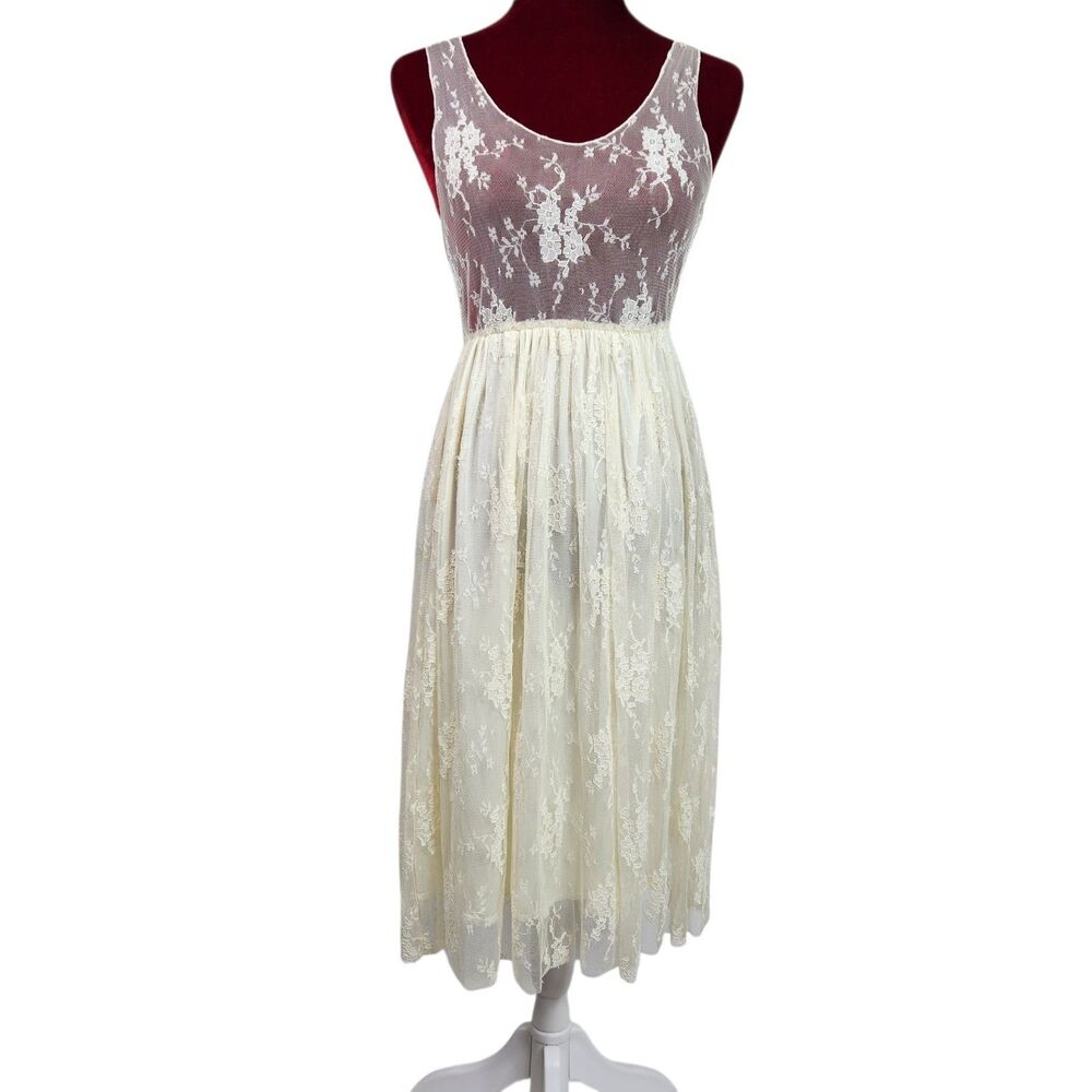 Anna-Kaci Cream Sheer Lace Bodice Midi Dress Sleeveless M/L Fairycore Whimsigoth